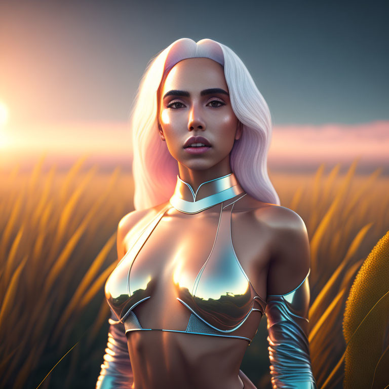 Futuristic female android in metallic armor in golden wheat field