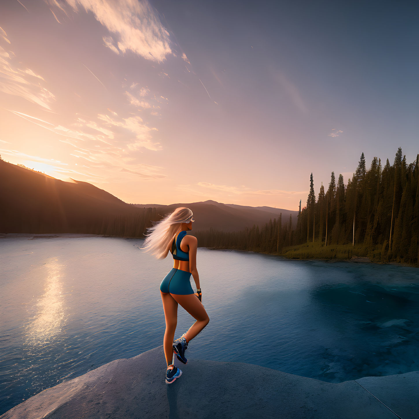 Athletic woman on rock overlooking serene lake at sunset