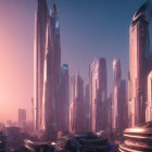 Futuristic dawn cityscape with towering skyscrapers and soft sunlight