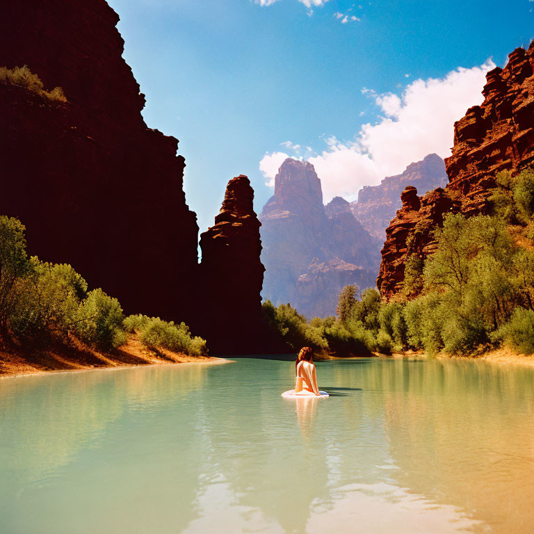 Person floating on clear river between red canyon walls and lush greenery