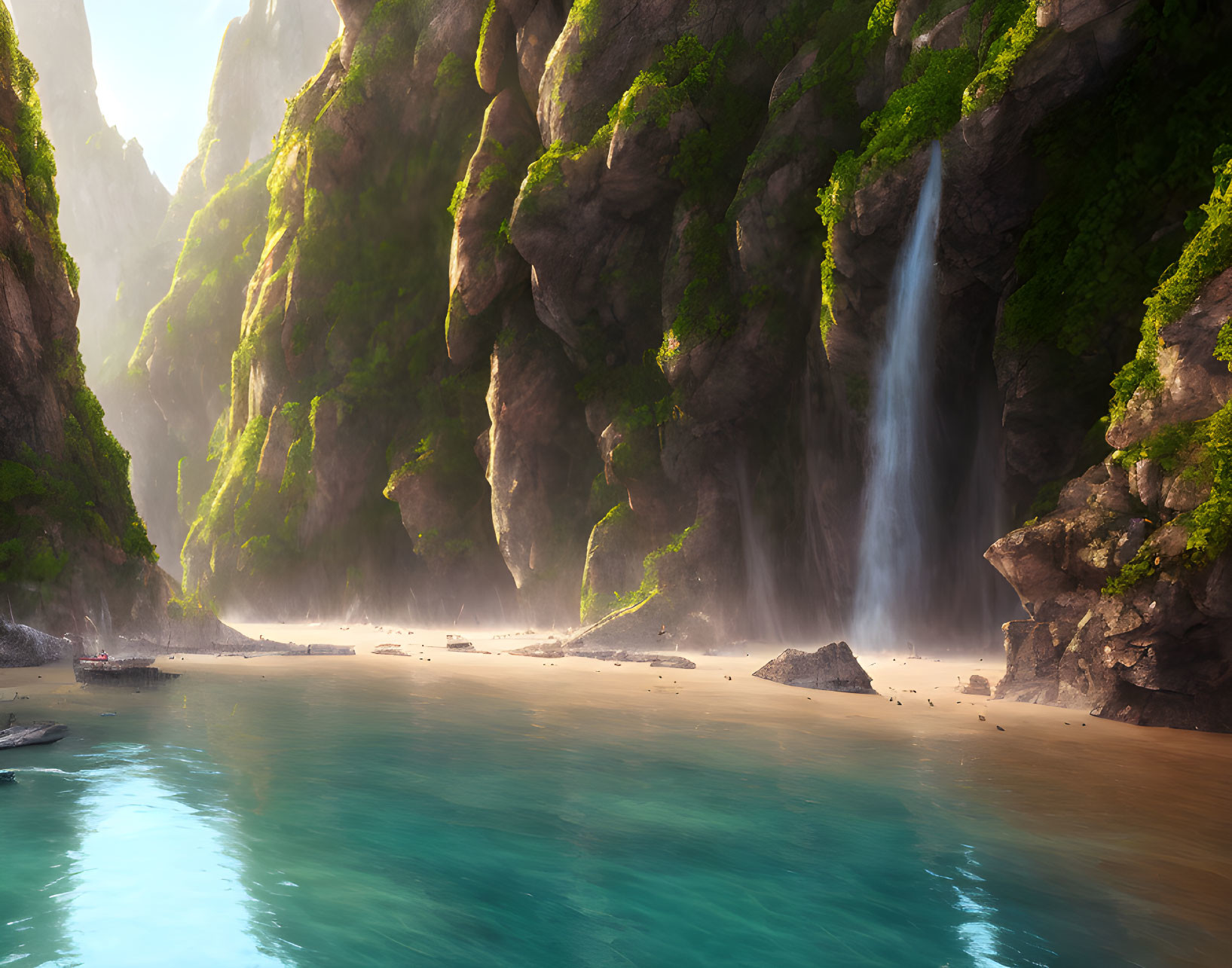 Tranquil beach scene with waterfall, green cliffs, and clear blue waters