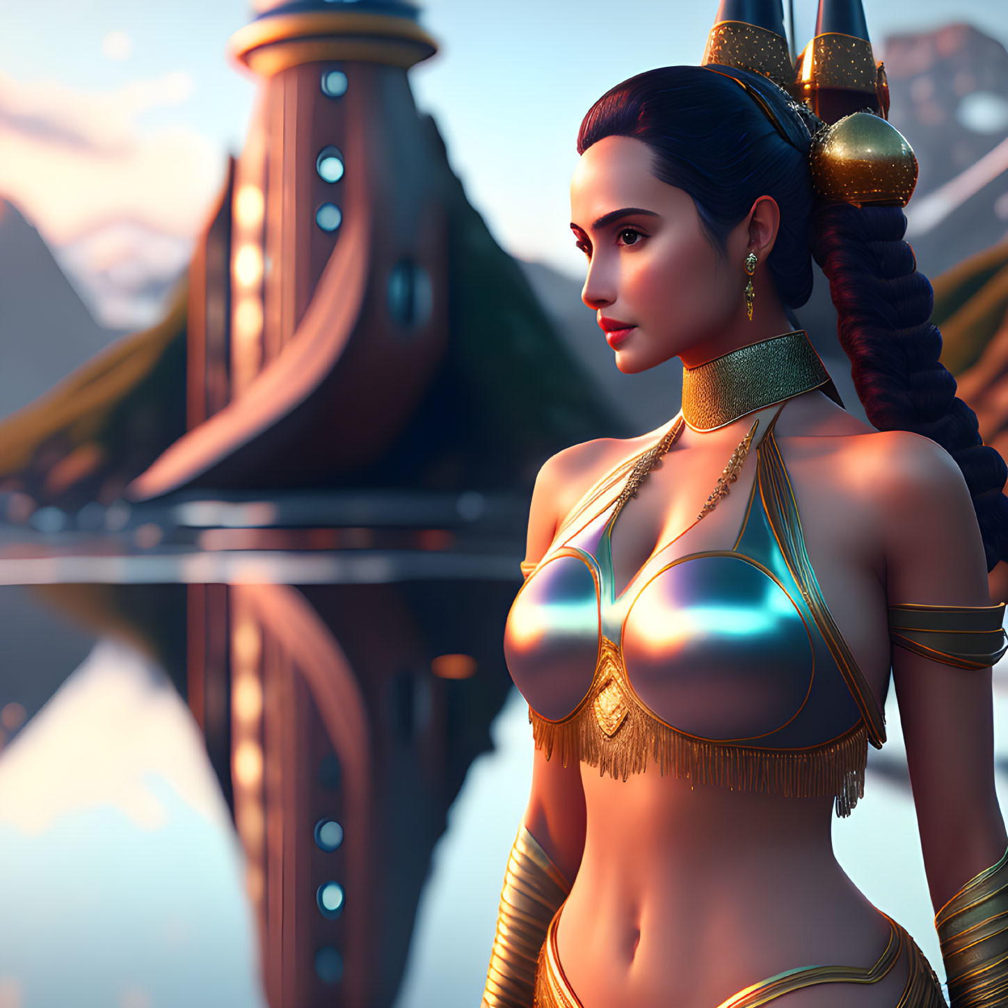 3D-rendered female figure in gold armor with braid, mountain backdrop