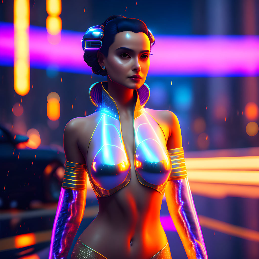 Glowing futuristic female android with cybernetic enhancements in neon-lit cityscape