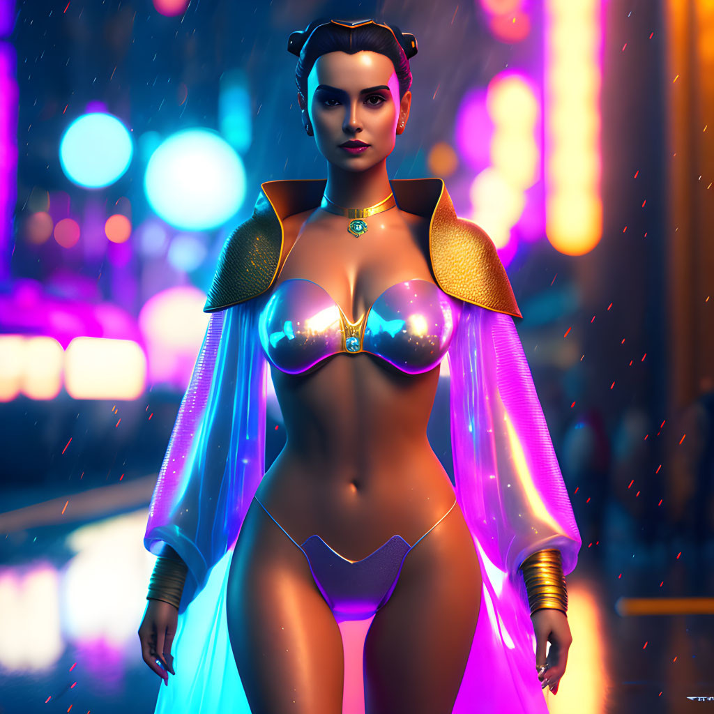 Futuristic superhero woman in neon-lit armor against city nightscape