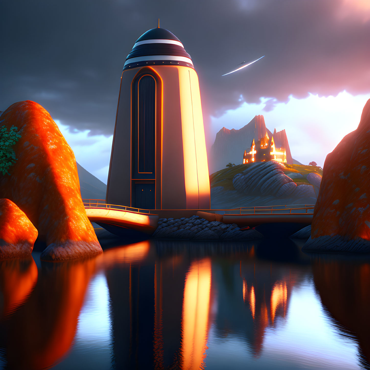 Futuristic tower by lake at dusk with lit castle and shooting star