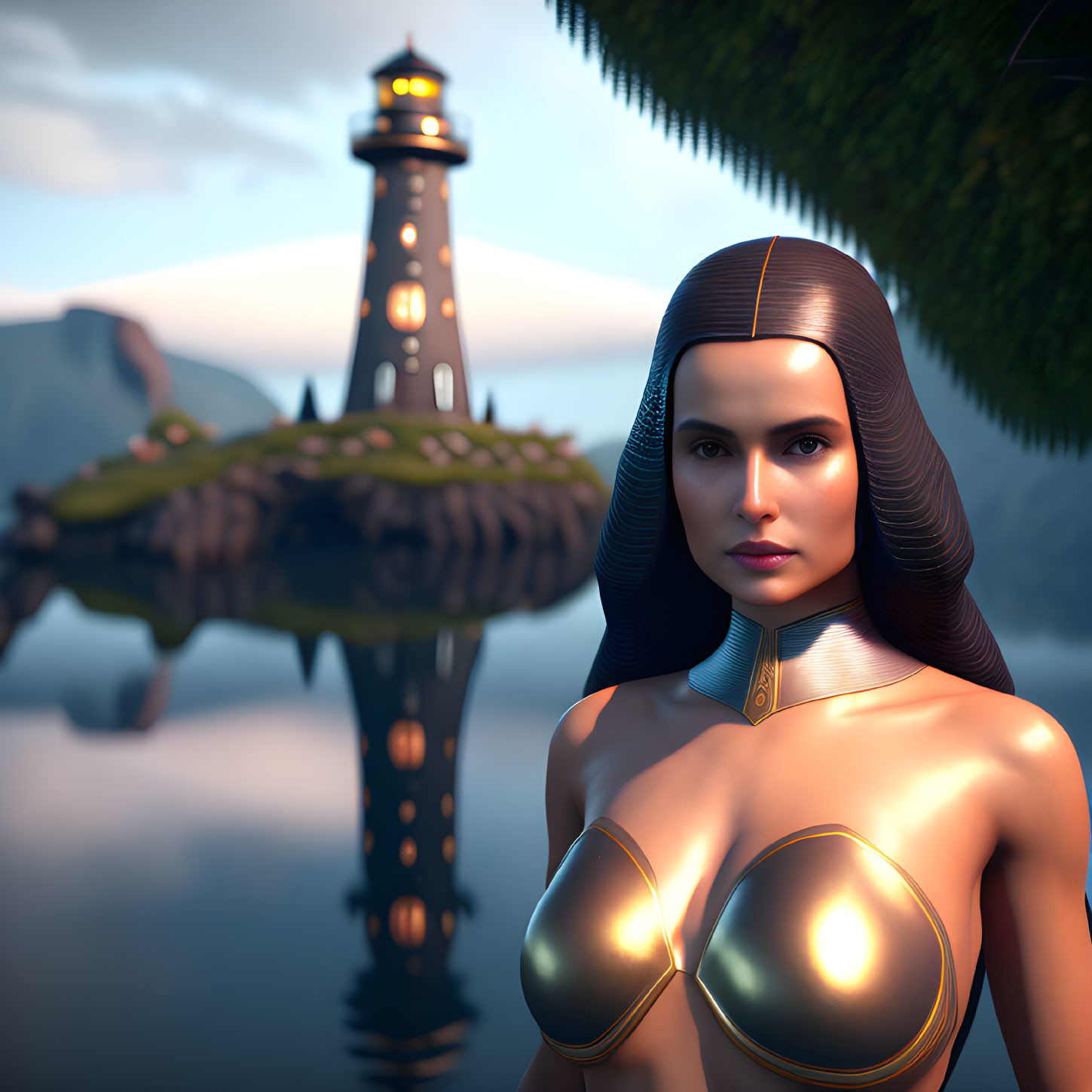 Futuristic woman at lighthouse on misty floating island