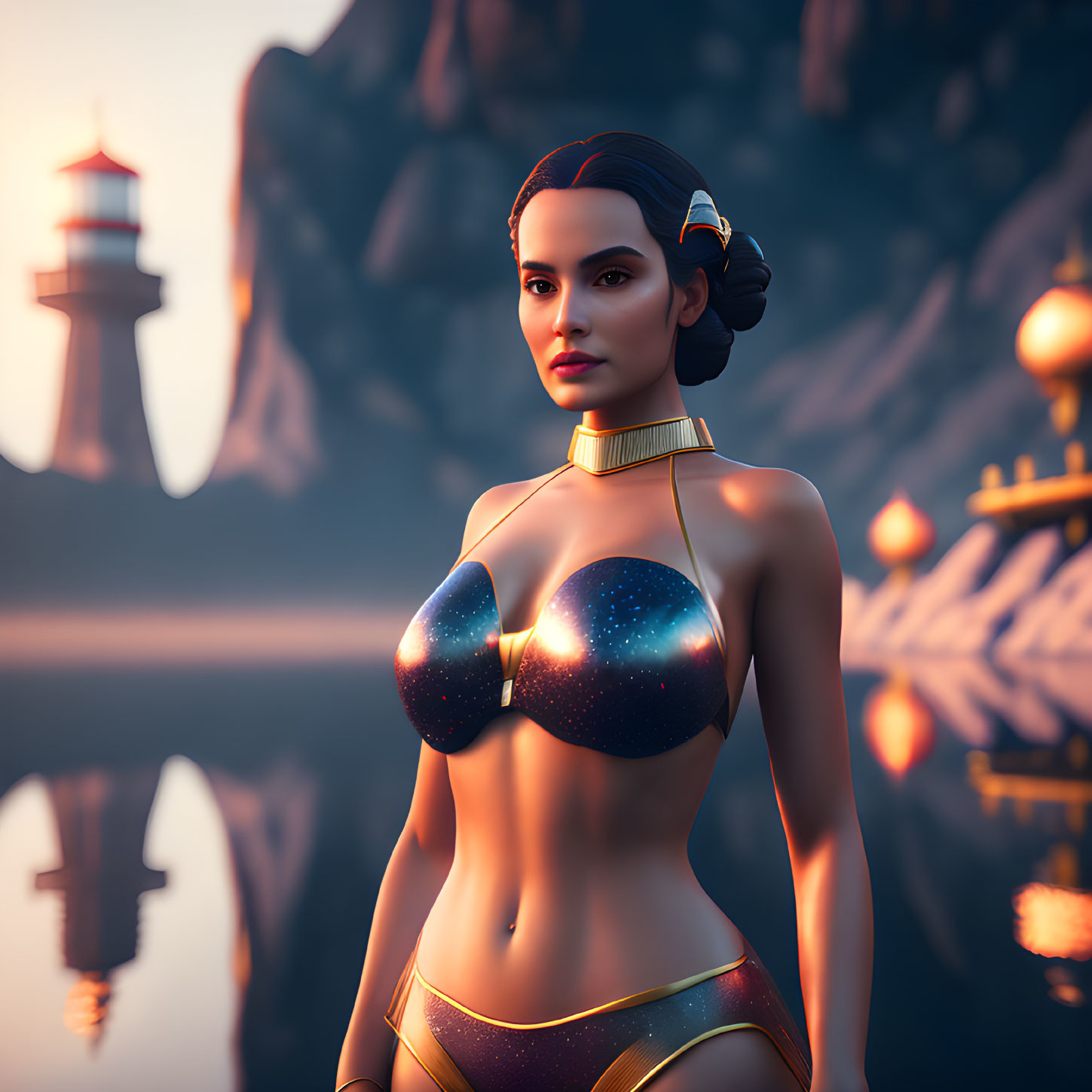 Futuristic female character in cosmic bikini at twilight