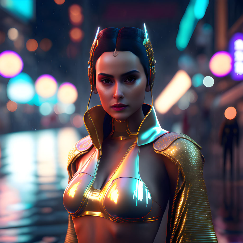 Female Android in Futuristic Gear with Yellow Illuminated Seams on Blurred Cityscape