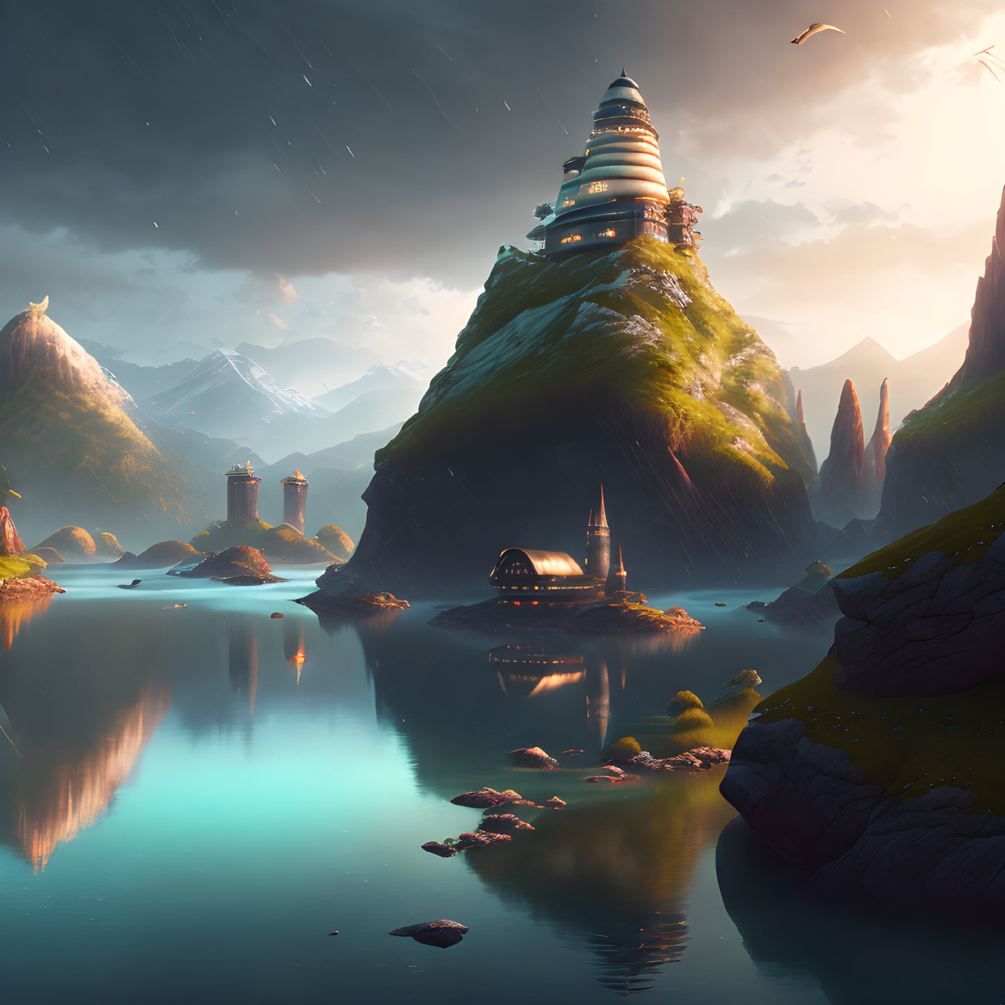 Majestic tower in serene fantasy landscape at sunset