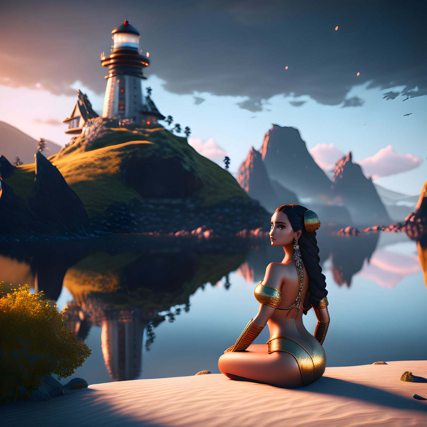 Female robotic figure by lake at sunset with lighthouse and mountains