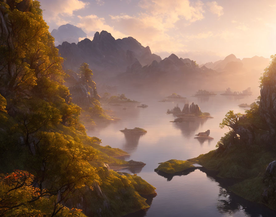 Serene River Landscape with Autumn Trees and Mountains