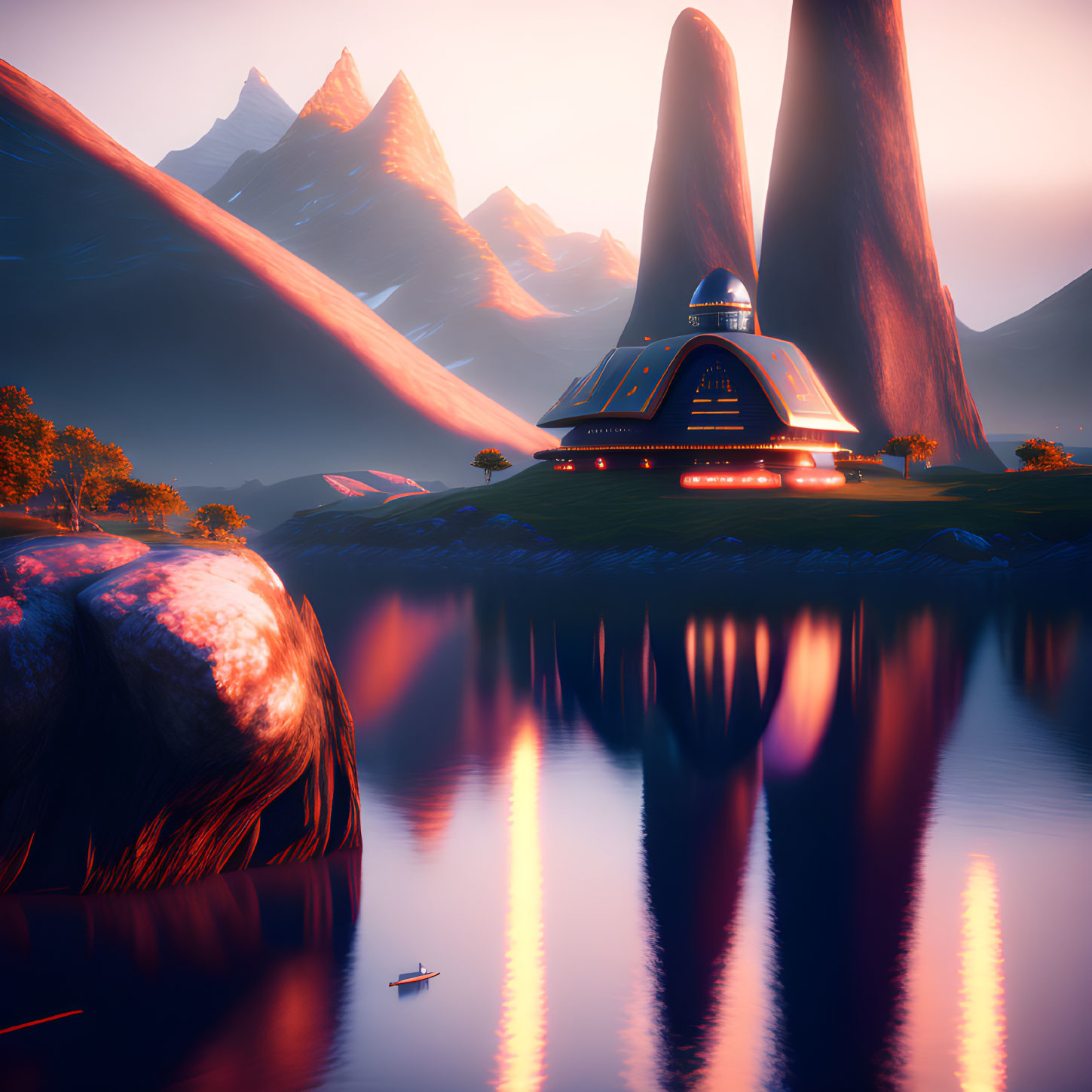 Futuristic building on island with trees, pink sky, mountains, glowing rocks