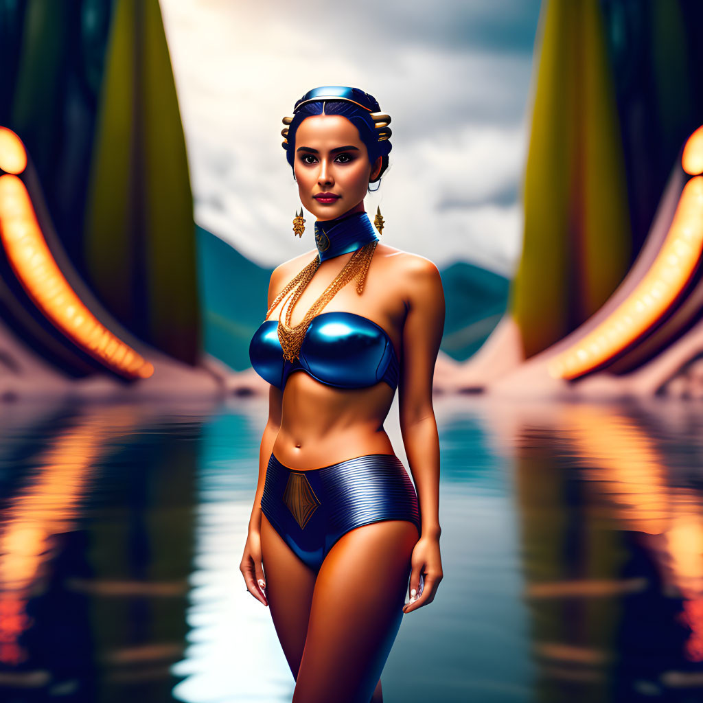 Futuristic digital artwork of a woman in blue bikini by reflective water