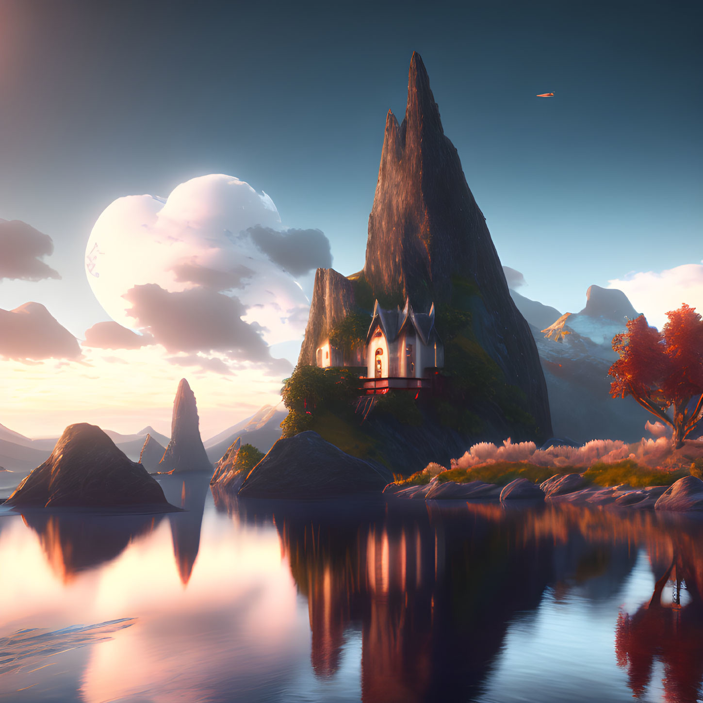 Fantasy landscape with castle on island at sunset