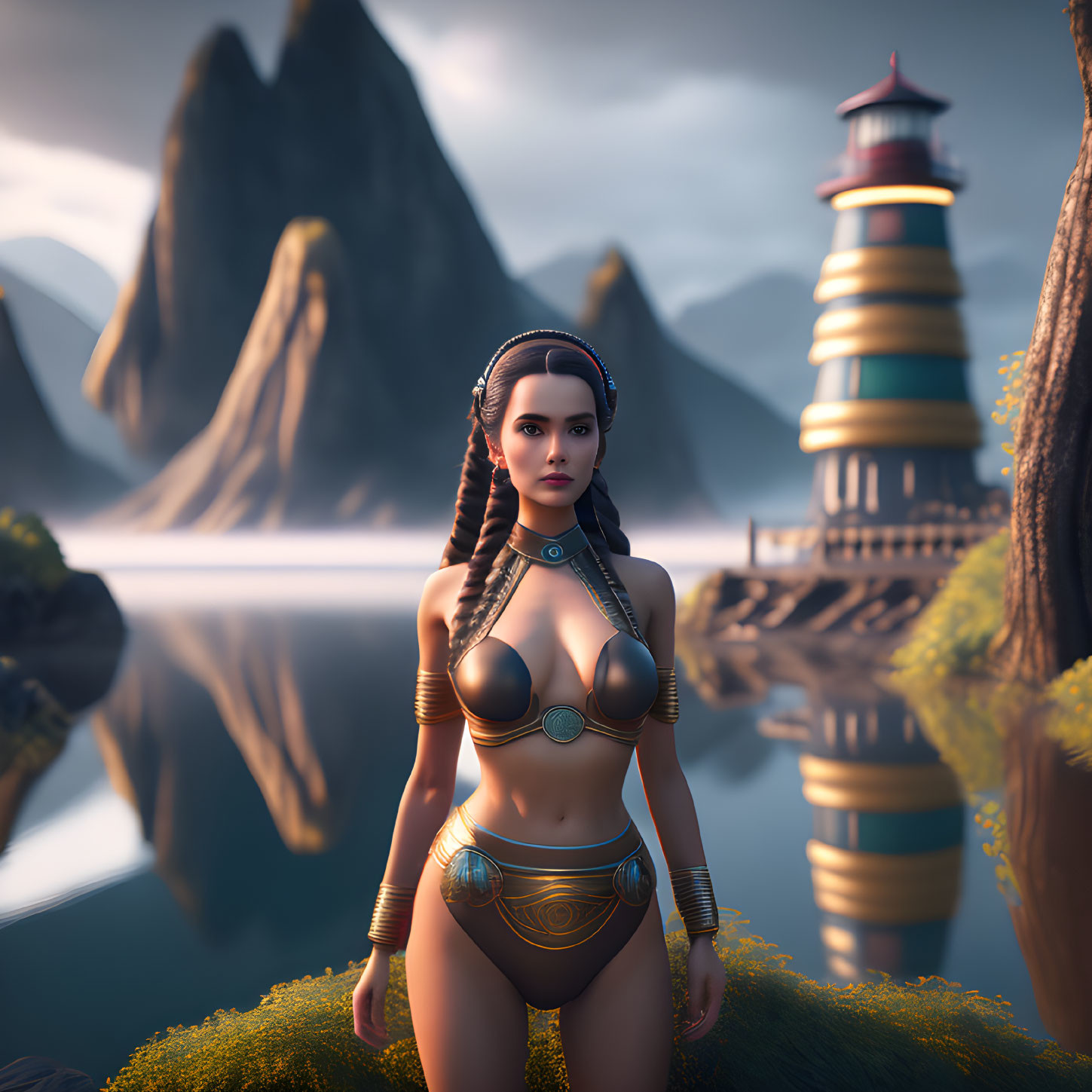 Futuristic female character by serene lake with mountains and pagoda