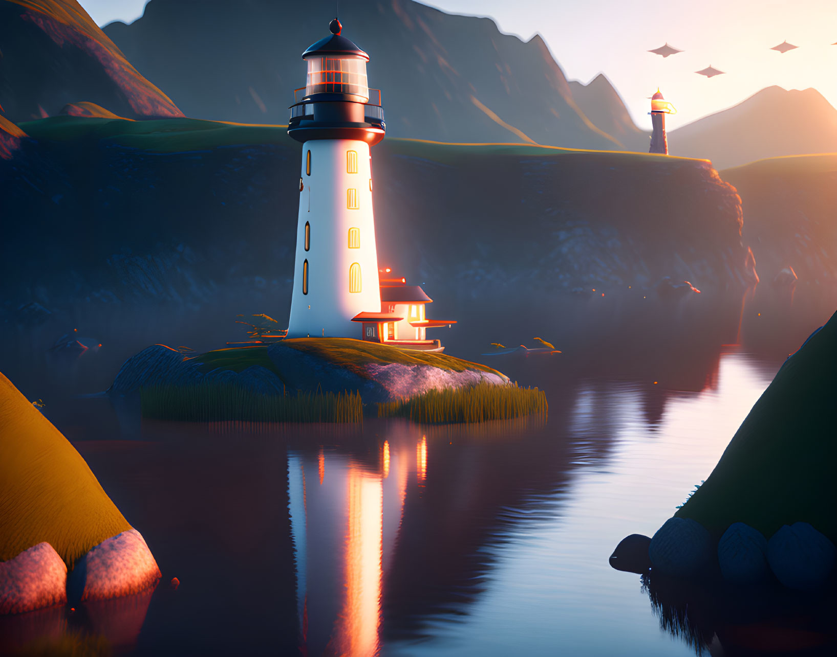 Two lighthouses on rocky islets at sunset with birds and calm waters