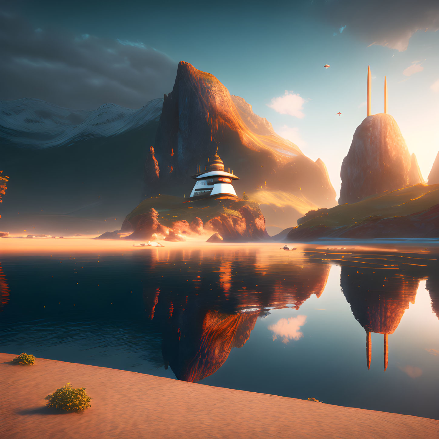 Scenic lake with rock, futuristic building, mountains, and sunset