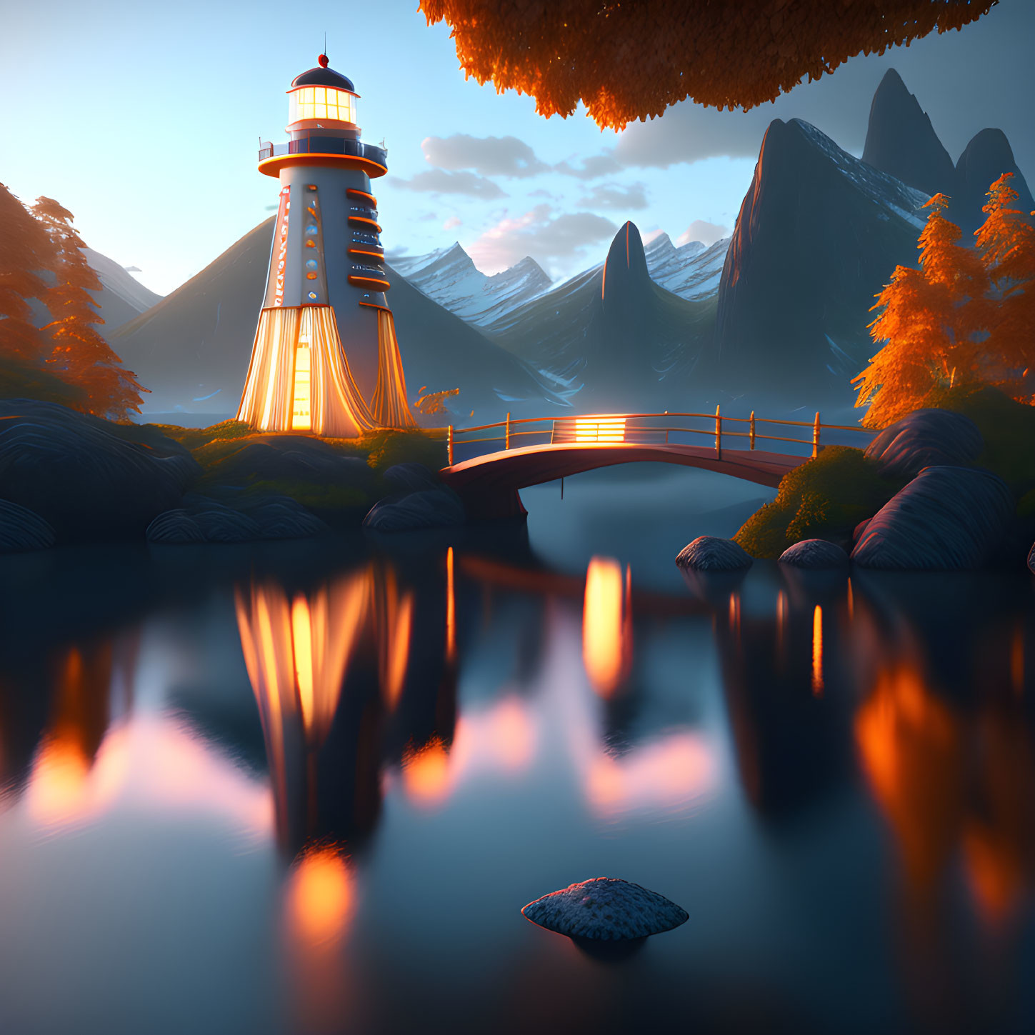 Tranquil digital art landscape with lighthouse, bridge, mountains, and sunset glow