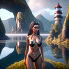 Futuristic female character by serene lake with mountains and pagoda