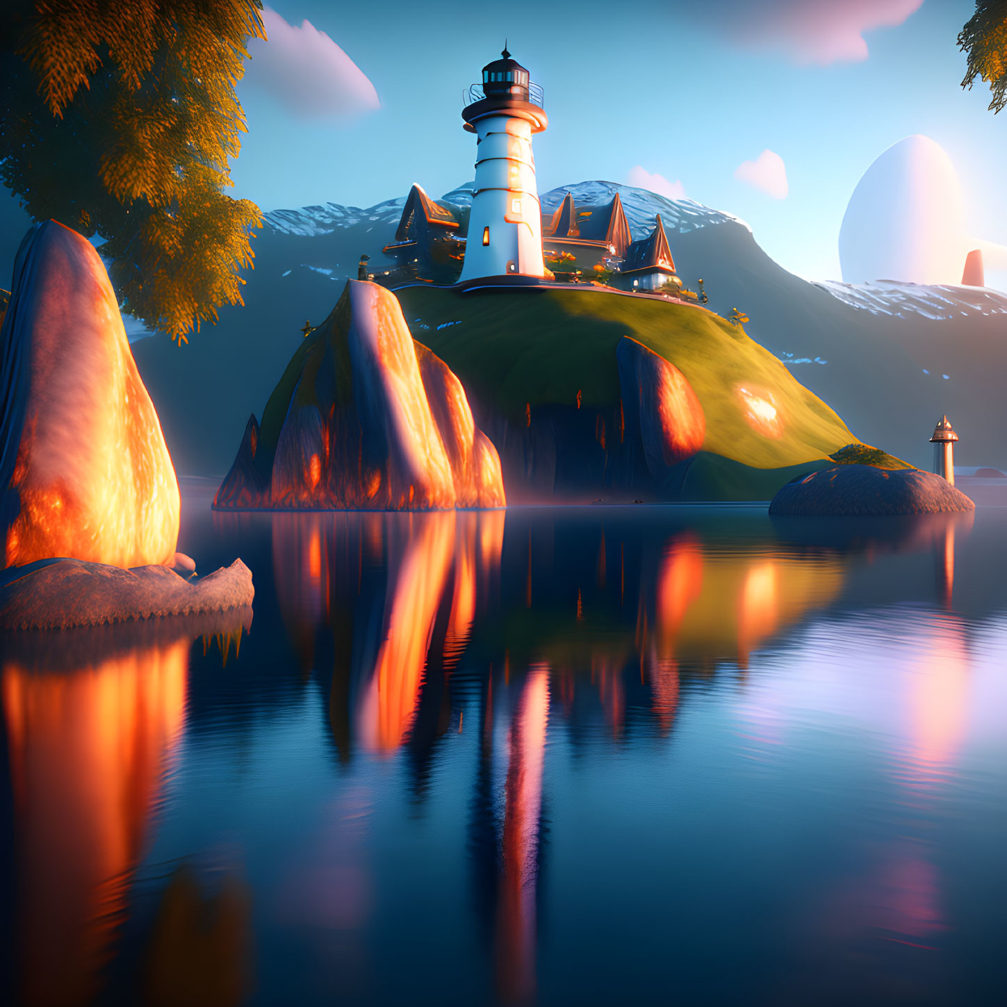 Tranquil lakeside sunset scene with lighthouse, hill, houses, and glowing lights.