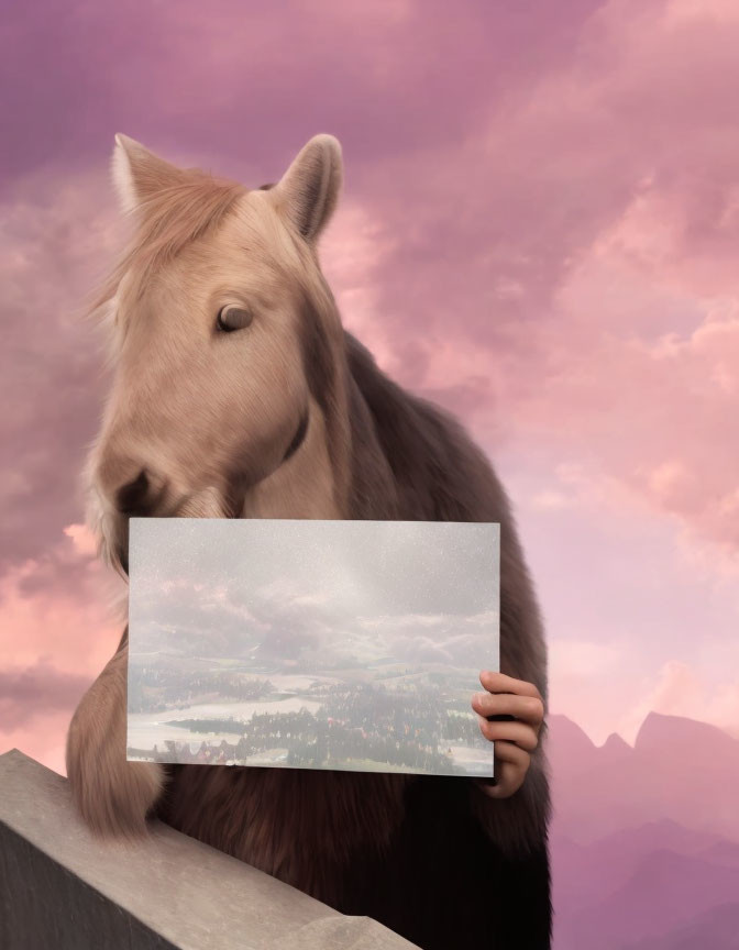 Horse holding photo of snowy landscape against pink clouds