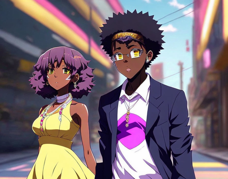 Male and female animated characters in stylish attire walking together in a colorful city street.