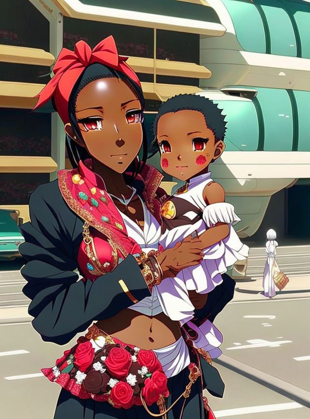 Woman in headscarf and child with cheek markings in front of futuristic architecture