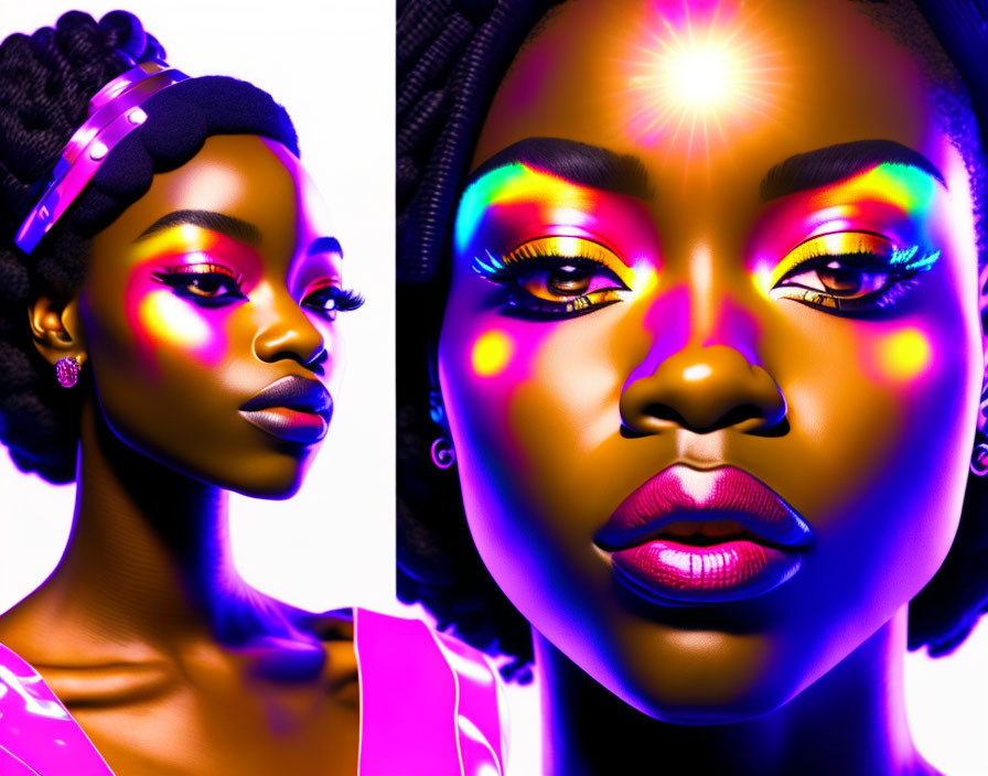 Neon glowing makeup and headband on vibrant digital portrait