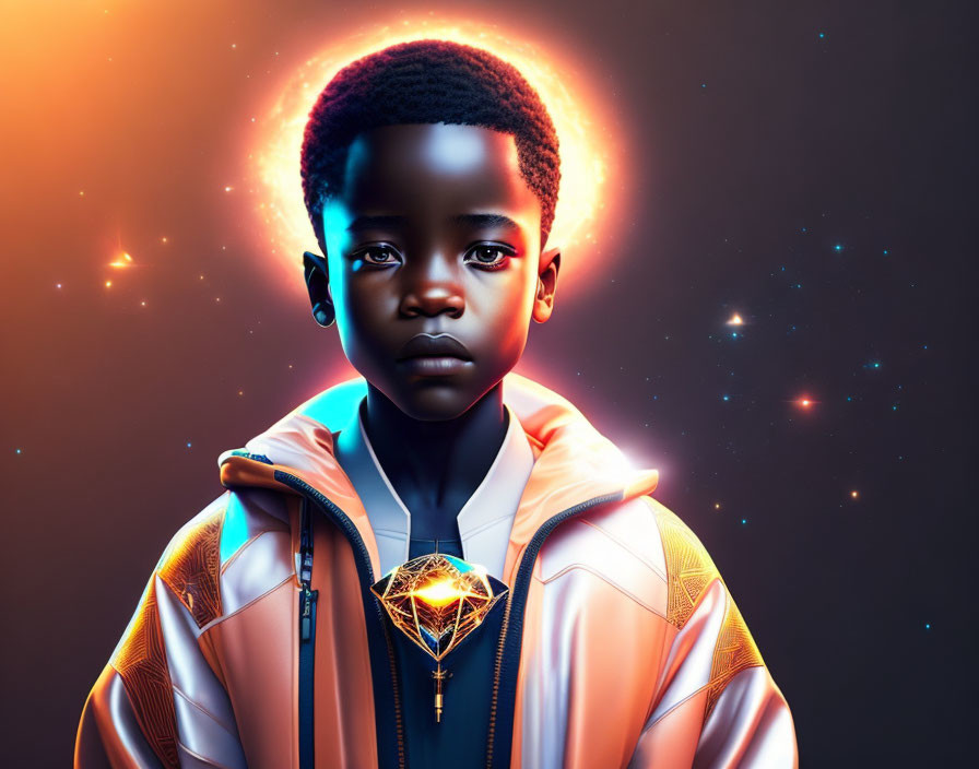 Digital artwork: Boy with glowing eyes, halo, cosmic backdrop, futuristic jacket, geometric pendant