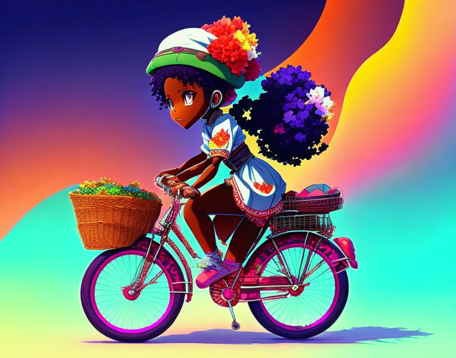 Colorful Illustration of Girl Riding Pink Bicycle with Flowers in Hair