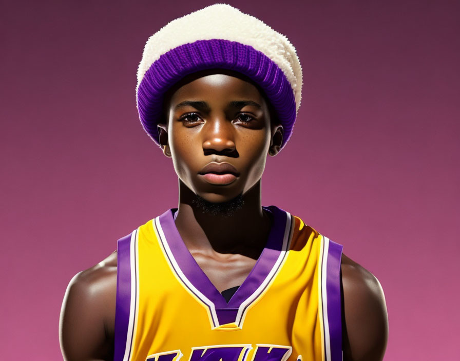 Purple and Yellow Basketball Jersey with White Beanie Hat on Pink Background