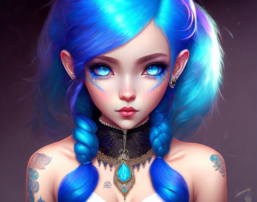 Fantasy character illustration: vibrant blue hair, blue eyes, gemstone jewelry, tattoos, elf-like