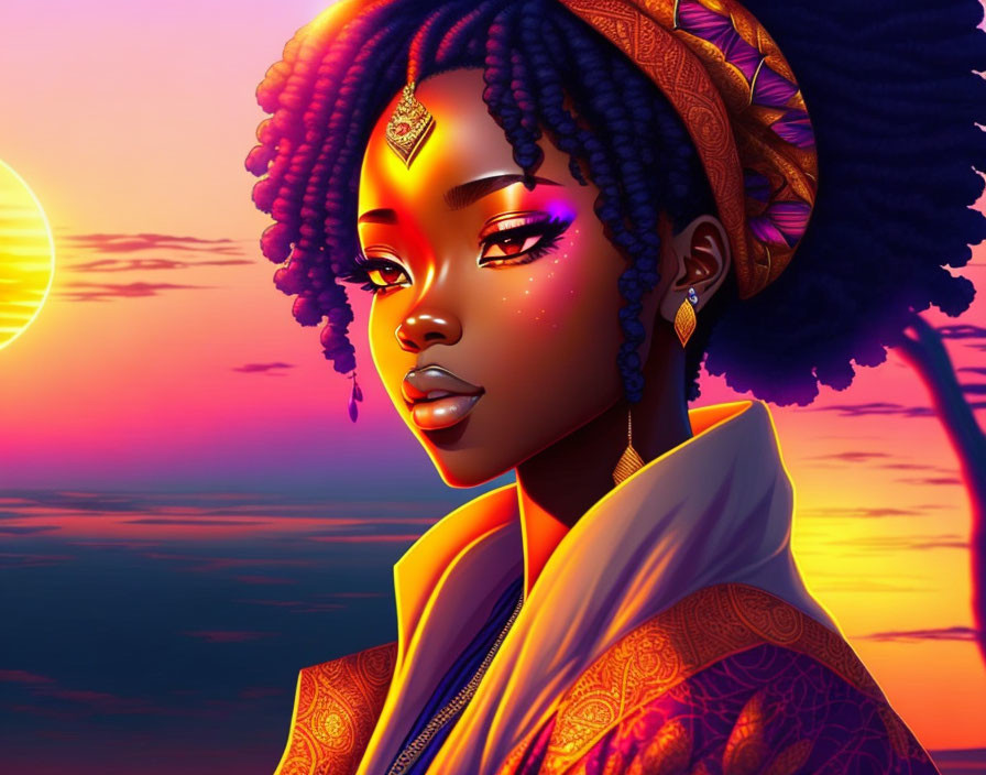 Digital illustration: Woman with purple hair and golden jewelry in yellow attire against vibrant sunset.