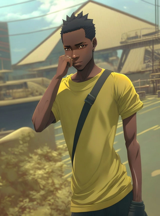 Young man in yellow t-shirt on urban street in warm sunlight