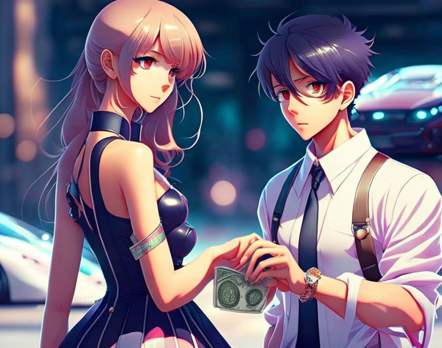 Young man in white shirt and glasses exchanging money with young woman in black dress - anime-style illustration