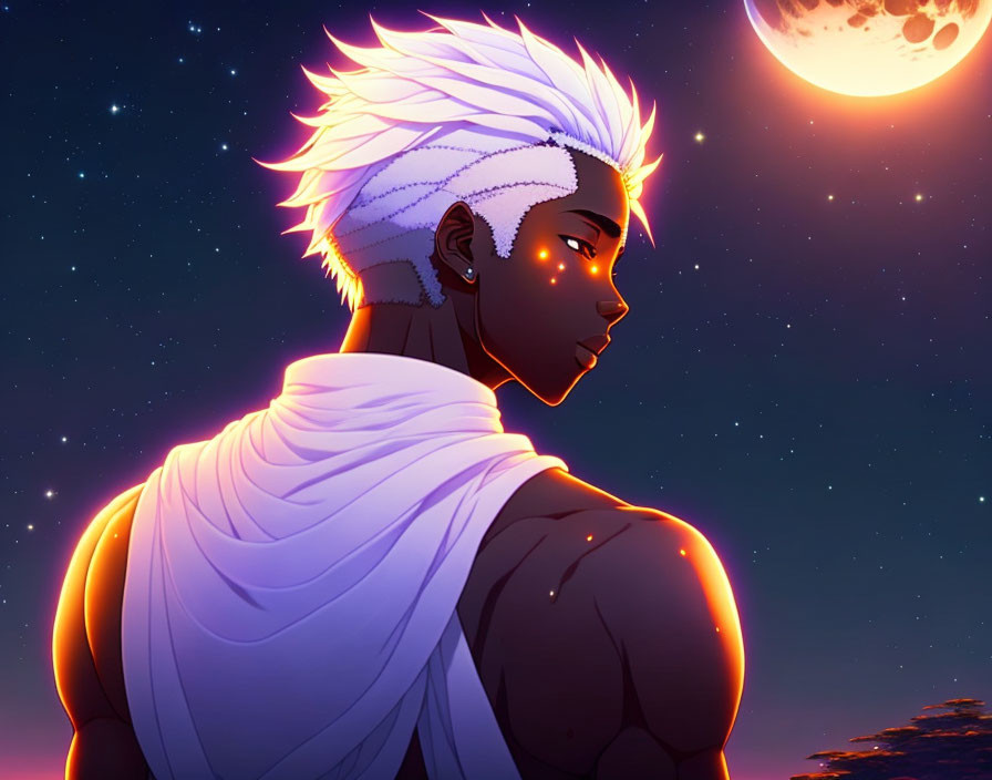 Illustration of male figure with white hair and glowing face markings against night sky.