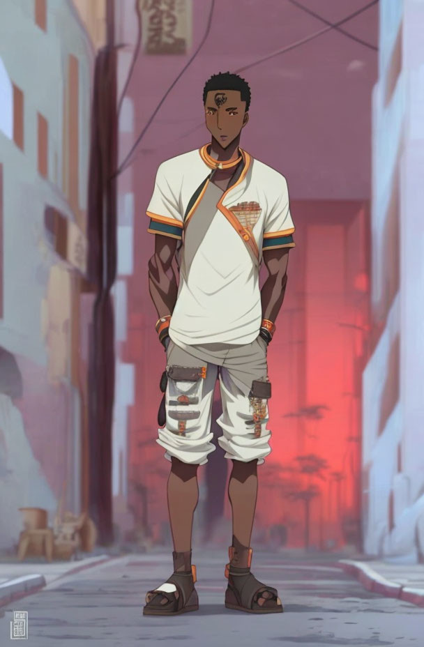 Confident young man in modern futuristic clothing in sunlit alley