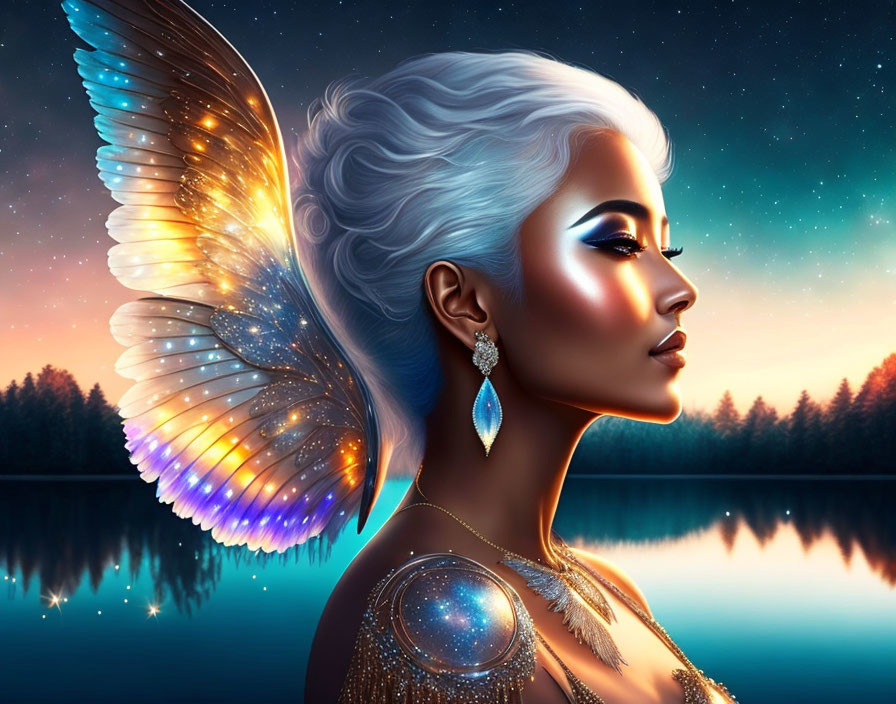 Digital art portrait: Woman with silver hair, angel wings, by lakeside under starry sky,