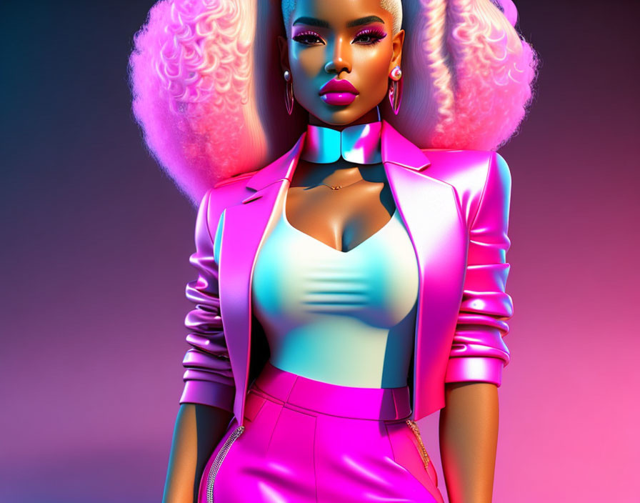 Voluminous white hair woman in futuristic pink outfit art