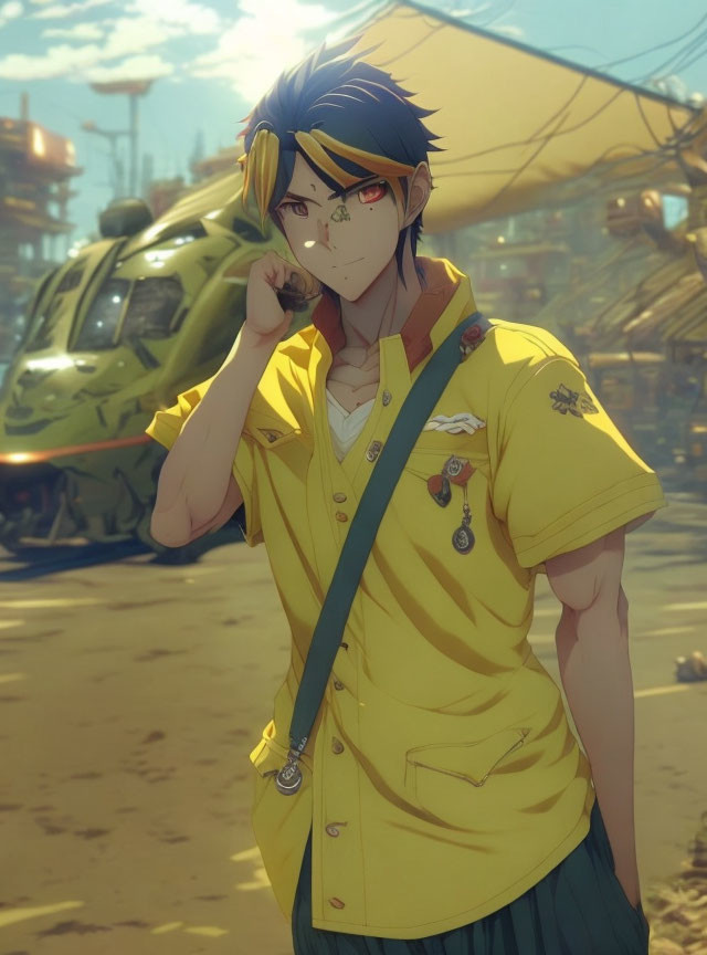 Dark-haired animated character in headband, yellow shirt, and green skirt on sunlit street with helicopter
