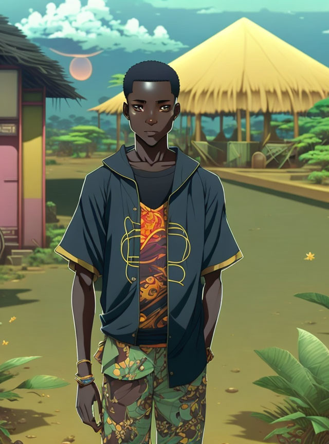 Illustration of young man in tropical setting with traditional huts and palm trees