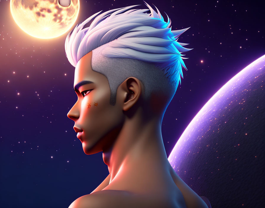Person with White Hair in Cosmic Scene with Moon and Planet