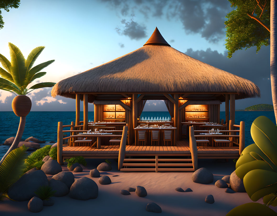 Tranquil beachside hut with thatched roof at sunset among lush palms and smooth stones