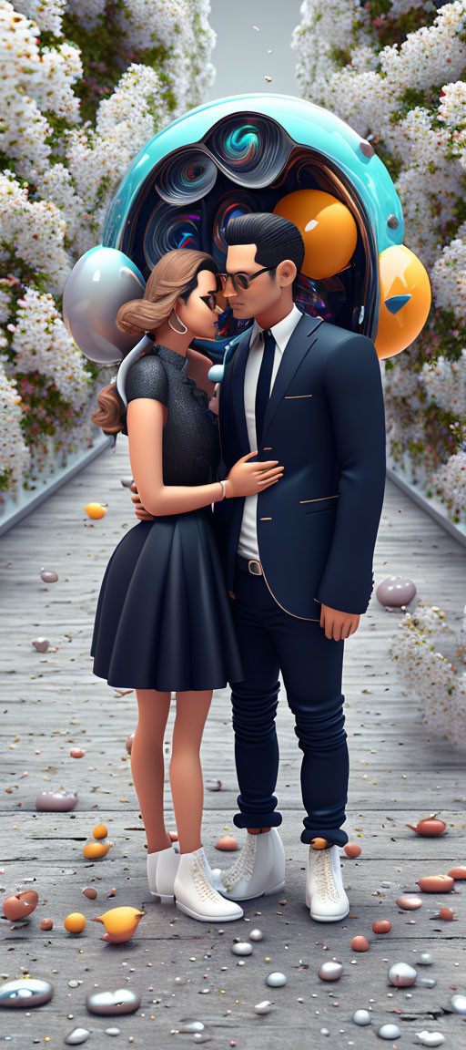 Stylized couple in suits and sunglasses on petal-strewn path with futuristic chair