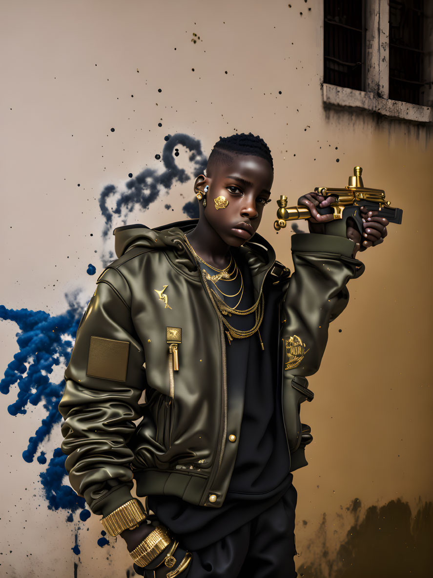 Fashionable person in black bomber jacket with gold accessories posing with spray paint gun against blue splattered wall