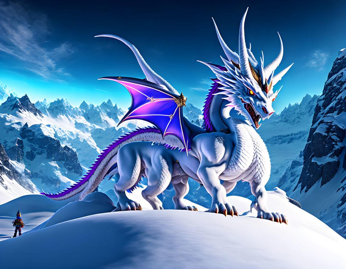 White and Blue Dragon with Purple Accents in Snowy Mountain Landscape