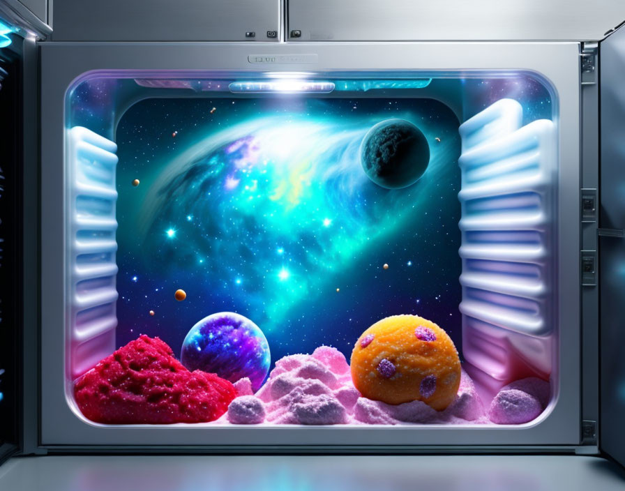 Colorful cosmic scene in open microwave with nebulae and food planets.