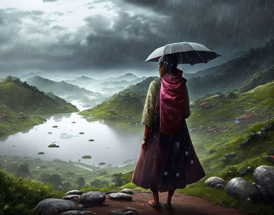 Person with umbrella overlooking lush, rainy valley and lake