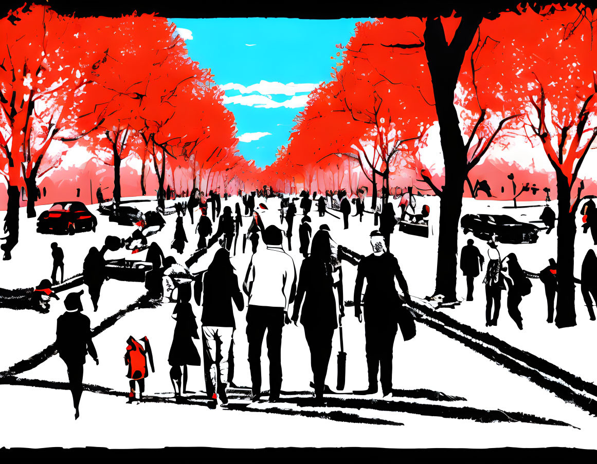 Crowds walk on tree-lined street with red foliage under blue sky