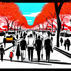 Crowds walk on tree-lined street with red foliage under blue sky